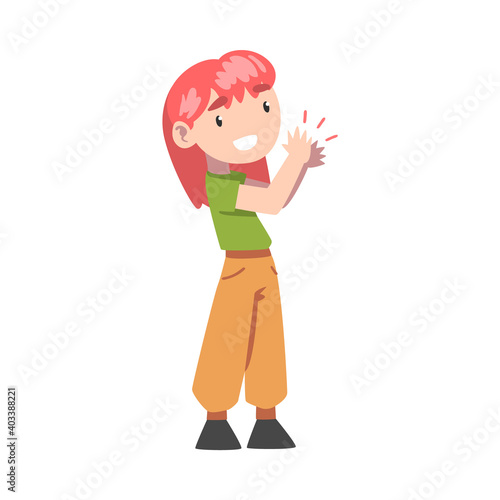 Cute Redhead Little Girl Clapping her Hands, Adorable Kid Expressing Enjoyment, Appreciation, Delight Cartoon Style Vector Illustration
