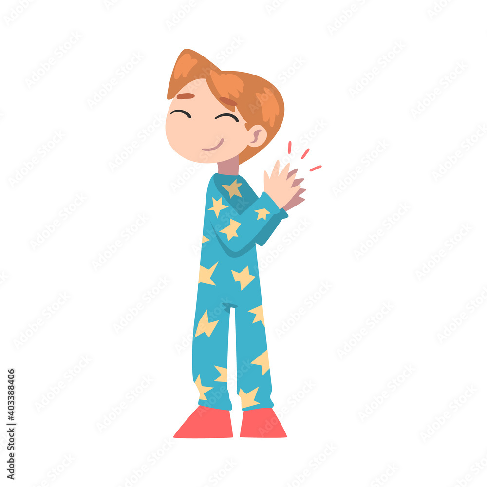 Cute Little Boy Clapping his Hands, Happy Kid Wearing Pajamas Expressing Enjoyment, Appreciation, Delight Cartoon Style Vector Illustration Cute Little Boy Clapping his Hands, Happy Kid Wearing Pajamas Expressing Enjoyment, Appreciation, Delight Cartoon Style Vector Illustration