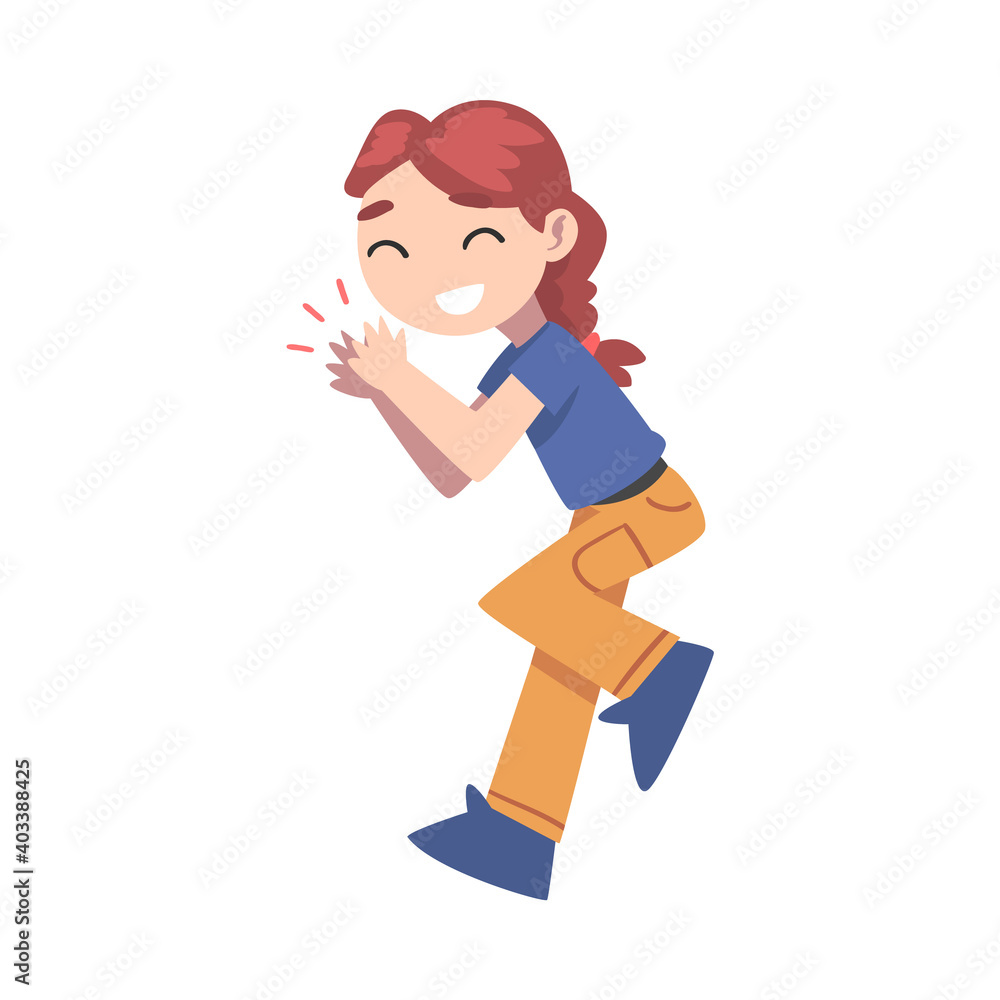 Cute Joyful Girl Clapping her Hands, Adorable Kid Expressing Enjoyment, Appreciation, Delight Cartoon Style Vector Illustration