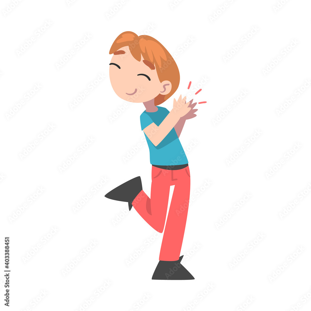 Cute Happy Boy Clapping his Hands, Lovely Kid Expressing Enjoyment, Appreciation, Delight Cartoon Style Vector Illustration Cute Happy Boy Clapping his Hands, Lovely Kid Expressing Enjoyment, Appreciation, Delight Cartoon Style Vector Illustration