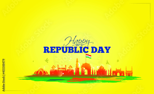 Republic day of India background, 26 January Indian Republic Day parade, celebration with India get, people, tricolor balloons flag, Fighter Jet, Indian monuments, kite flying Vector Illustration photo