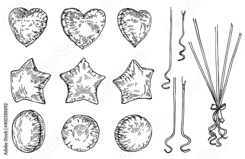 Sketch set  of balloons isolated on white. Hand drawn ink St. Valentine's Day card. Heart, star and round shape balloons