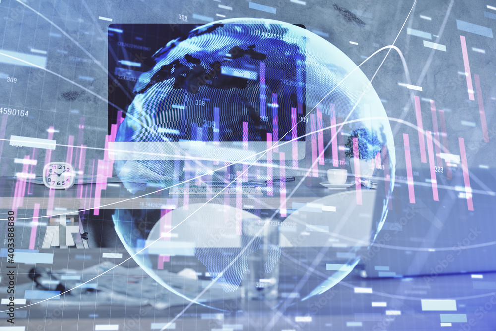 Fototapeta premium Multi exposure of financial graph drawing and office interior background. Concept of market analysis.