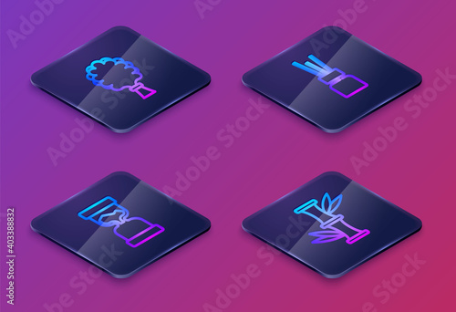 Set Isometric line Sauna broom, Old hourglass, Aroma diffuser and Bamboo. Blue square button. Vector.