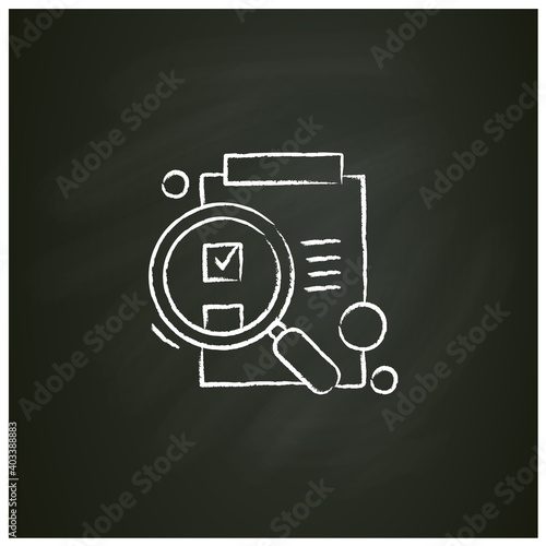 Idea evaluation chalk icon. Paper on clipboard under magnifying glass sketch. Research stage of creative process, data check and idea evaluation concept. Isolated vector illustration on chalkboard