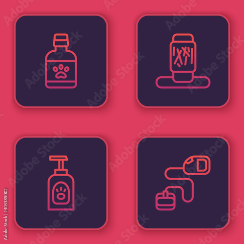 Set line Dog medicine bottle, Pet shampoo, Cat scratching post and Retractable cord leash. Blue square button. Vector.