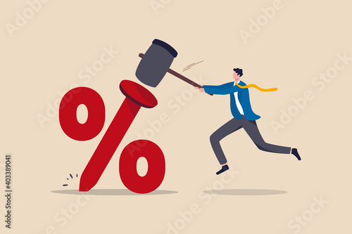 Federal Reserve low interest rate or central bank with long time zero percent interest rate until economic recover concept, businessman FED leader using hammer to nailed percentage sign to the floor.