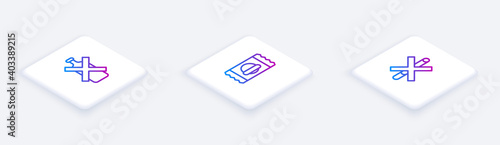 Set Isometric line No alcohol, Sports nutrition and Smoking. White square button. Vector.