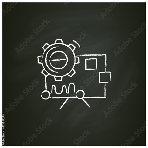 Performance analysis chalk icon. Gear with statistic chart. Concept sketch for creative technology product or service elaboration and management. Isolated vector illustration on chalkboard