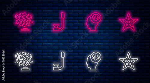 Set line Snorkel, Scallop sea shell, Coral and Starfish. Glowing neon icon on brick wall. Vector.
