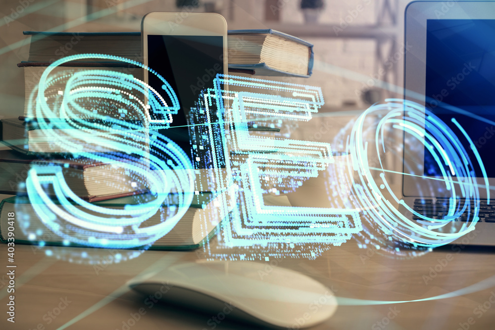 Double exposure of SEO drawing and cell phone background. Concept of data search optimization Double exposure of SEO drawing and cell phone background. Concept of data search optimization