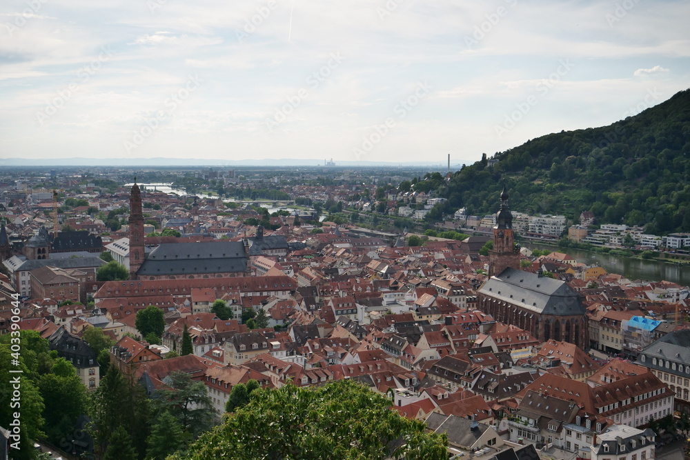 View from Heidelberg Castle on to the Cityscape of Heidelberg, Germany on a sunny day