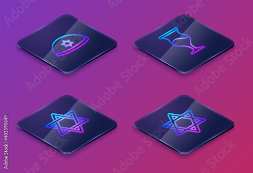 Set Isometric line Jewish kippah, Star of David, goblet and . Blue square button. Vector.