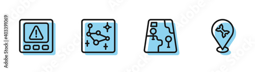 Set line City map navigation, Gps device error, Great Bear constellation and Car service icon. Vector.