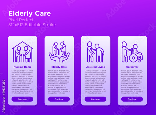 Nursing home for elderly people mobile user interfcae with thin line icons. Assisted living for disabled, volunteers help and support. Pixel perfect, editable stroke. Vector illustration.