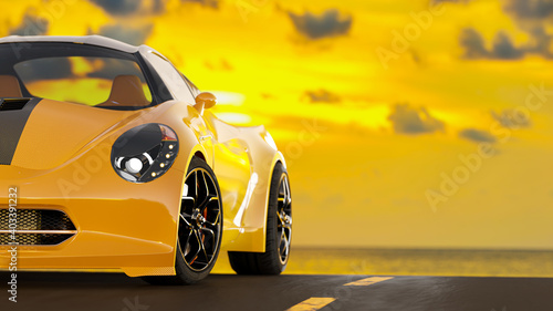 Yellow sports car on paved road back of the sea at sunset. Copy space for your text, 3D Render.