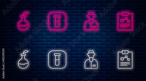 Set line Test tube and flask, Laboratory assistant, Plant breeding and Chemistry report. Glowing neon icon on brick wall. Vector.