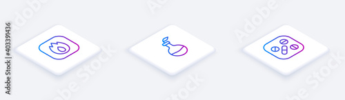 Set Isometric line Fire flame, Plant breeding and Medicine pill or tablet. White square button. Vector.
