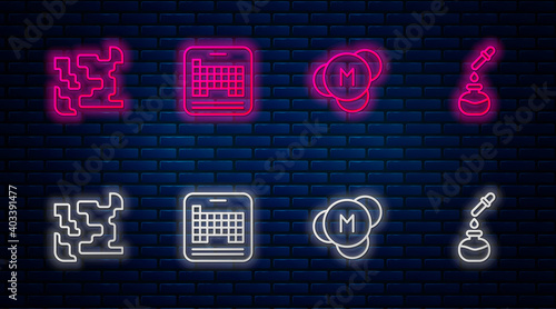 Set line Periodic table, Molecule, Gaseous and Test tube and flask. Glowing neon icon on brick wall. Vector.