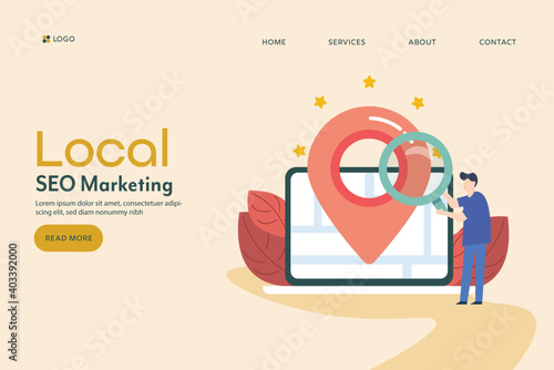 Local seo strategy for local customer marketing, businessman with magnifying glass optimizing store location, digital gps navigation system concept, vector illustration.