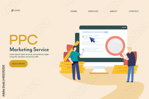 Search marketing and pay per click advertising service with digital marketing agency people, ppc campaign flat design vector illustration.