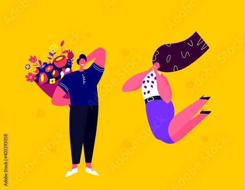 St Valentine Day,Birthday or Wedding Anniversary.Happy Shying Smiling Young Man Presenting a Bouquet of Flowers for Girlfriend. Loving Romantic Couple Celebrate Valentines Day Flat Vector Illustration