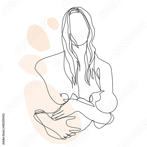 Abstract line art mom and baby illustration. Newborn design elements. Lactation specialists. Kids for baby shower card, poster, social template, hightlights, baby logo design.