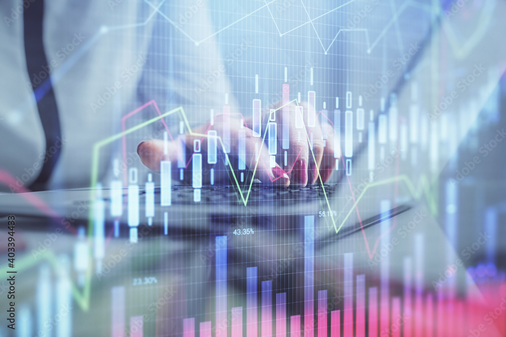 Double exposure of businesswoman hands typing on computer and financial graph hologram drawing. Stock market analysis concept. Double exposure of businesswoman hands typing on computer and financial graph hologram drawing. Stock market analysis concept.