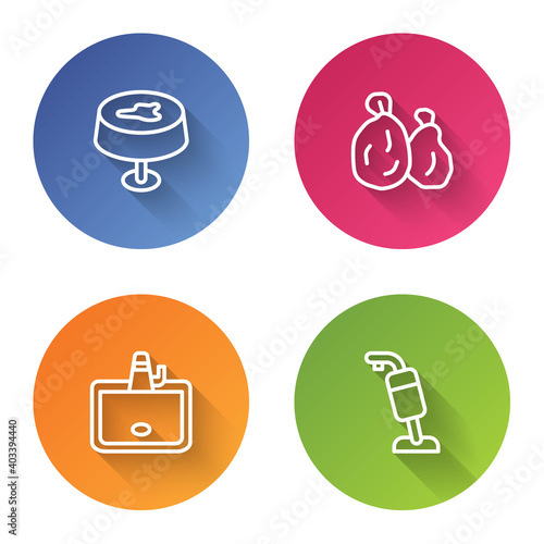 Set line Stain on the tablecloth, Garbage bag, Washbasin and Vacuum cleaner. Color circle button. Vector.