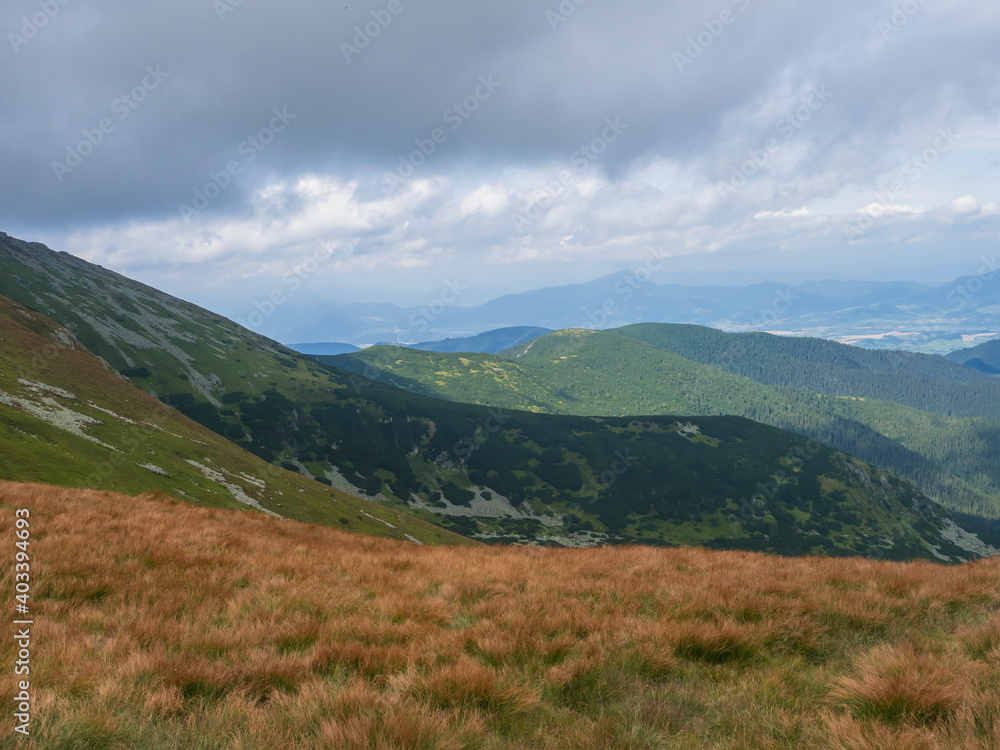 View from grassy hill slopes of hiking trail from Chopok at mountain meadow landscape of ridge Low Tatras mountains Nature park, Slovakia. cloudy late summer day