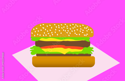 hamburger food illustration vector icon design, junk food for your day on pink background