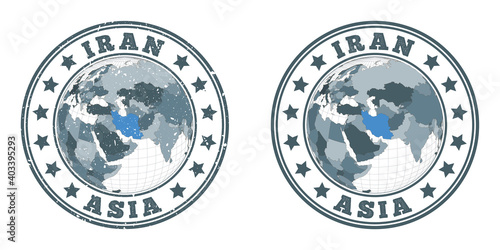 Iran round logos. Circular badges of country with map of Iran in world context. Plain and textured country stamps. Vector illustration.