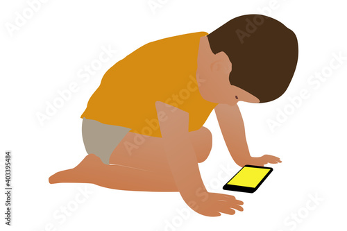 Child with phone.Baby looking at the smartphone. Boy can not  asleep. Flat style. Stock vector illustration on white isolated background.