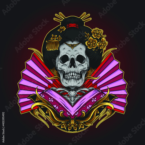 artwork illustration and t-shirt design skull geisha engraving ornament