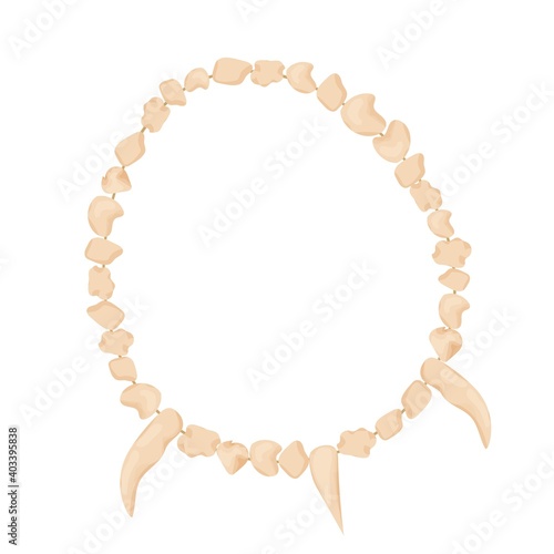 Stone age necklace from bones or teths, detailed in cartoon style isolated on white background stock vector illustration. Caveman jewelry, sharpen primitive tusk.
