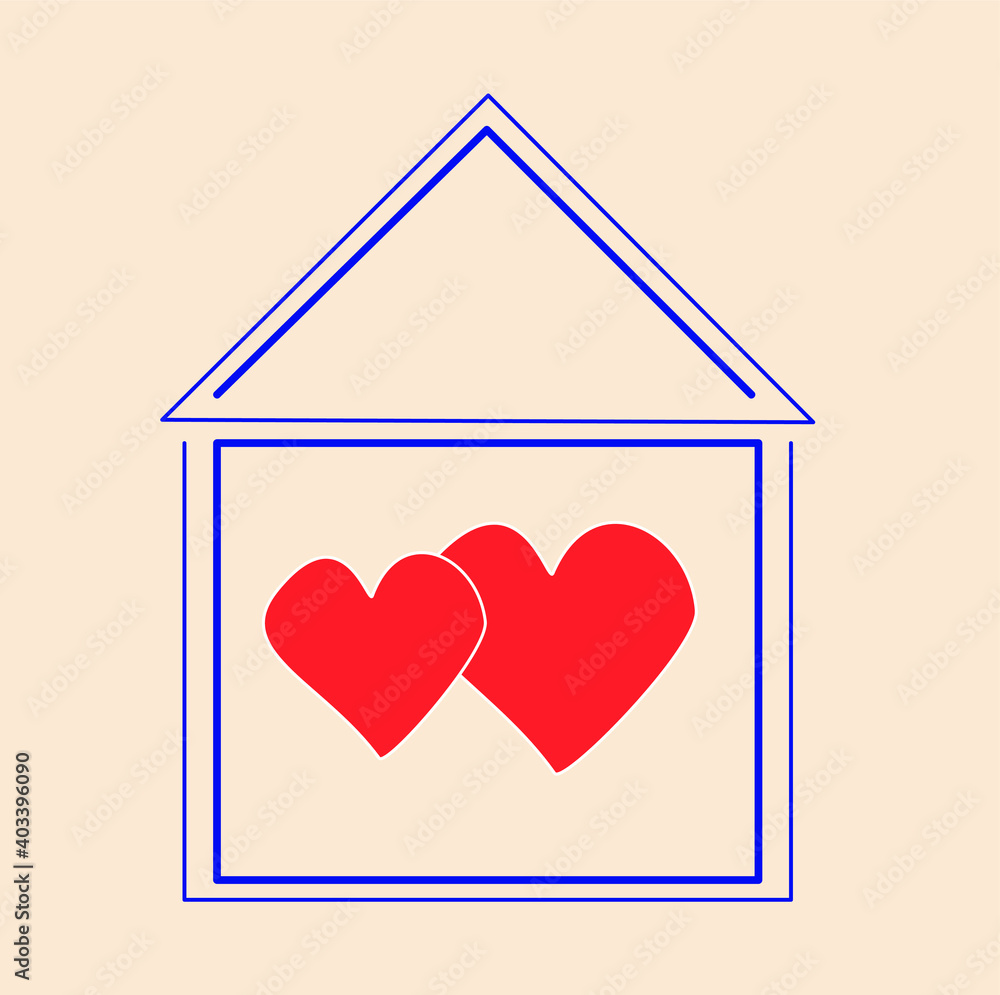 Stay at home, a symbol of coronavirus prevention, home icon design and two hearts isolated on a trendy beige background.. Sign of Valentine's Day. Be safe.