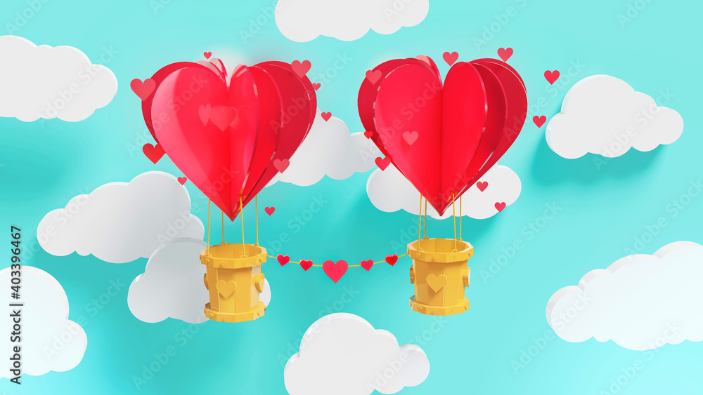 Concept of love and Valentine day. 3d illustrat art of heart balloon flying and scattering little heart in the sky, origami and valentine's day. Symbol of love on sweet blue background, greeting card.