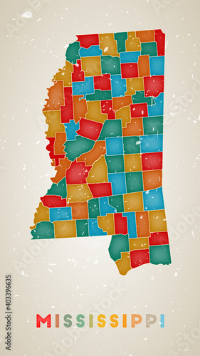 Mississippi map. US state poster with colored regions. Old grunge texture. Vector illustration of Mississippi with US state name.