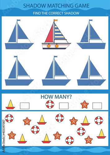 Kids activity page. Shadow matching game. Find the correct shadow the sea ship. Funny children riddle. Birthday decor. Vector illustration.