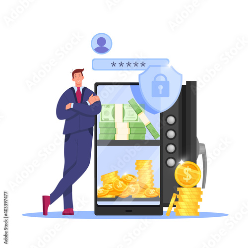 Online payment, internet storage, money transfer finance vector illustration with man, safe door, smartphone. Business secure digital saving technology banner. Online payment concept with coins, key