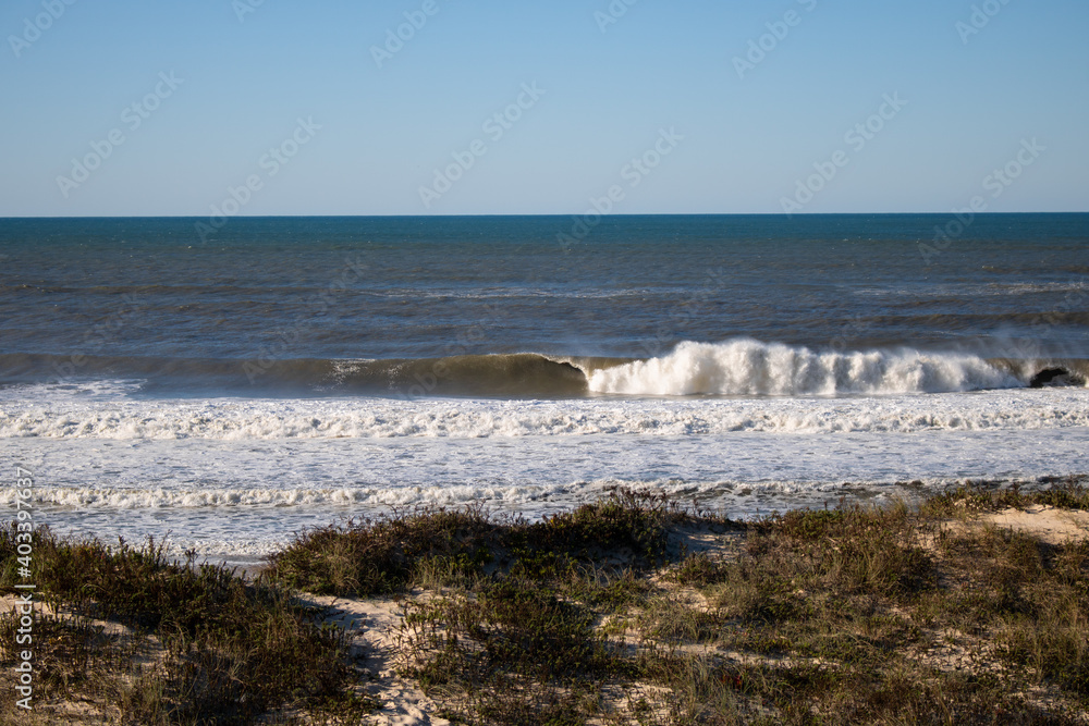 Front view of the Atlantic Ocean in a wild empty beach in Quiaios, in the Portuguese west coast, showing ocean waves, dunes covered with vegetation and a clear horizon line dividing ocean and sky