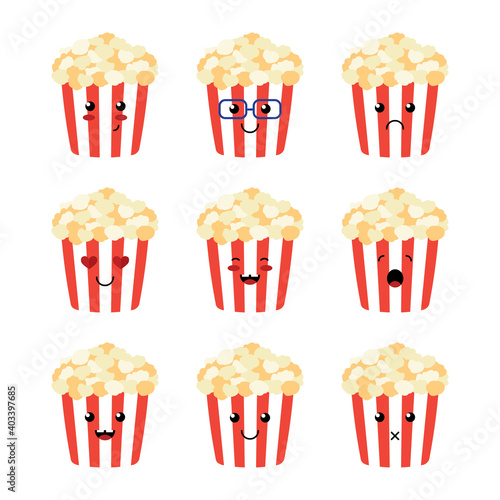 Set  collection of cute cartoon style popcorn cups emotion  emoji characters for cinema fast food  snack design. 