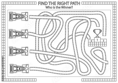 Children maze with racing cars. Kids coloring. Labyrinth game and activity page. Find the right path. Funny riddle. Education developing worksheet. Vector illustration.