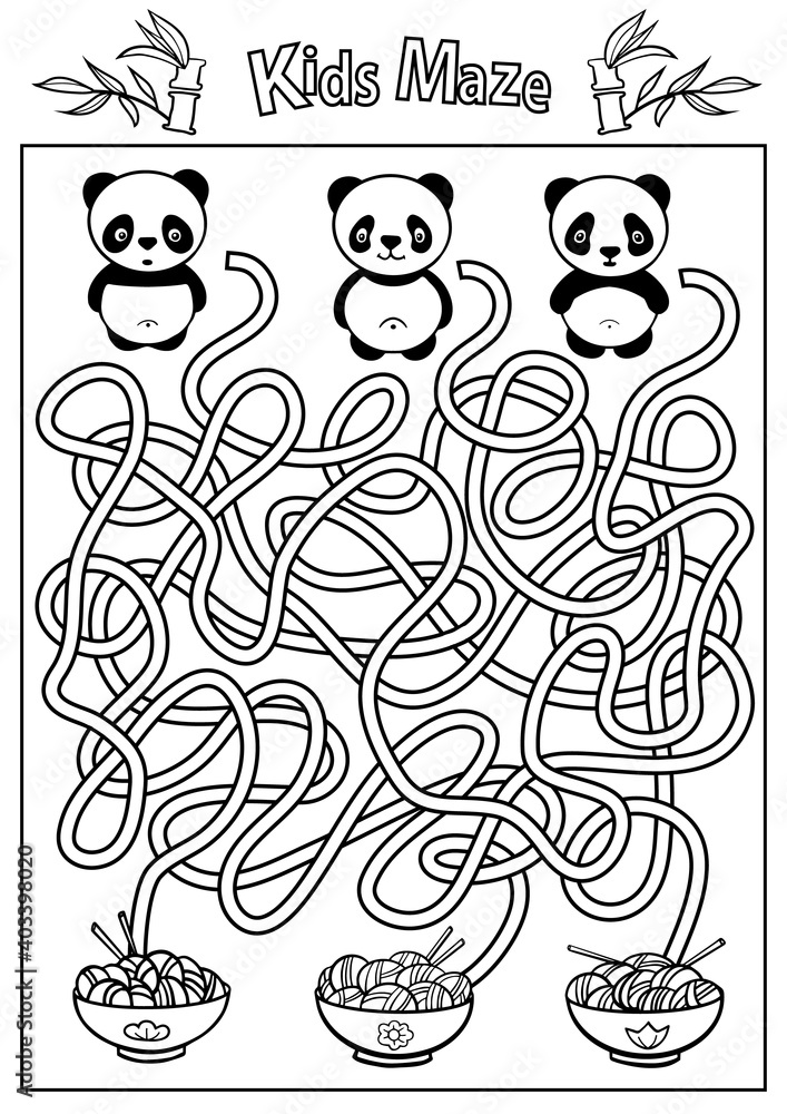 Kids maze coloring page. Children labyrinth kids game with cute pandas. Activity page. Find the right path. Funny riddle. Education worksheet. Vector illustration.