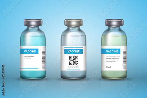 Set of medical vaccine bottles on  backround. Mockup vaccine - transparent glass. Protection coronavirus and infection. Realistic 3d vector illustration.