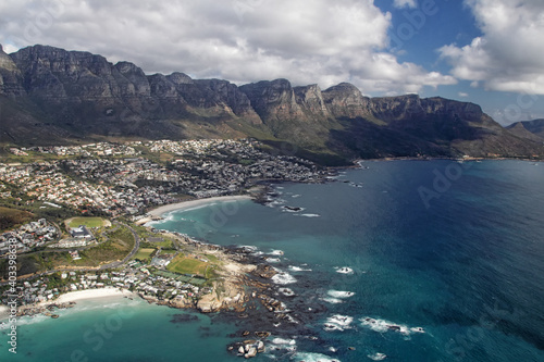 Aerial view of the Twelve Apostles, part of the Table Mountain, and Camps Bay, a suburb of Cape Town.