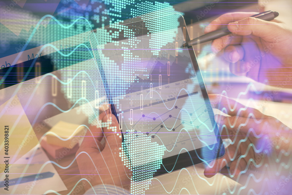 Double exposure of man's hands holding and using a phone and financial chart drawing. Market analysis concept. Double exposure of man's hands holding and using a phone and financial chart drawing. Market analysis concept.