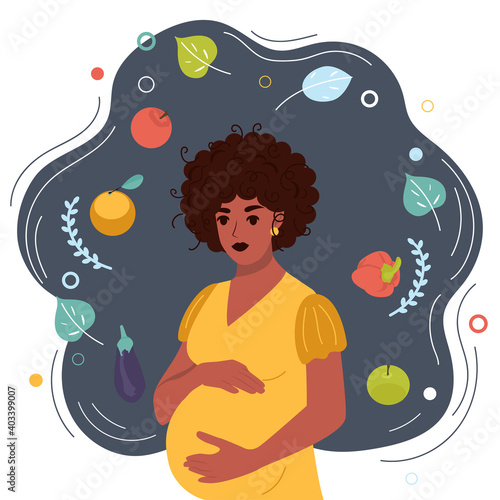 Pregnant African woman on a background of fruits and vegetables. Healthy food concept for expectant mothers. Vector illustration