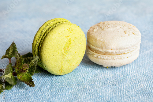 White and pistachio macaroons and spring flower on a linen napkin. Macarons or macaroons is French or Italian dessert. Shallow depth of field