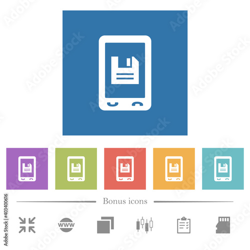 Mobile save data flat white icons in square backgrounds